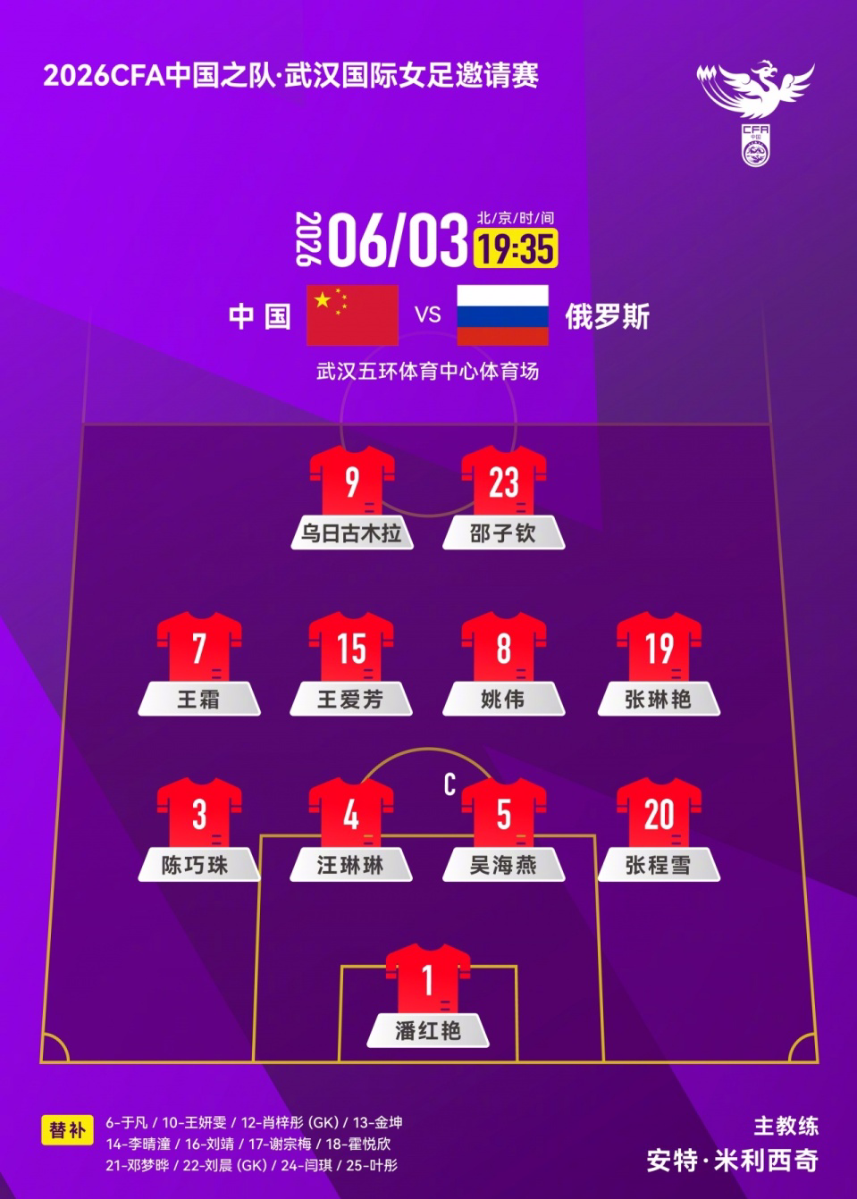 Kaiyun网页版-中国女足VS俄罗斯首发：吴海燕队长 王霜、张琳艳先发 王爱芳登场